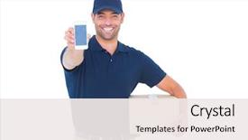  Presentation with phone - Theme with portrait of handsome delivery man background and a sky blue colored foreground