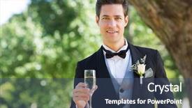  Presentation with flute - Colorful PPT layouts enhanced with portrait of handsome groom holding champagne flute in garden backdrop and a ocean colored foreground