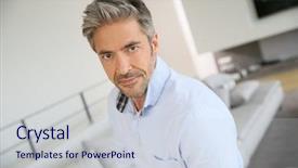  Presentation with blue - Amazing slide set having portrait of handsome mature man with blue shirt backdrop and a lemonade colored foreground