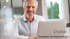  Presentation with working - Presentation design with portrait-of-handsome-senior-businessman background and a light gray colored foreground