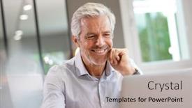  Presentation with working - PPT theme having portrait-of-handsome-senior-businessman background and a light gray colored foreground