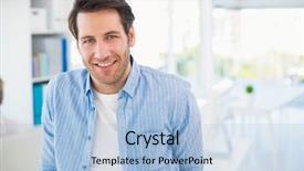  Presentation with portrait happy family smiling - Audience pleasing slides consisting of portrait of handsome smiling photo editor in office backdrop and a light blue colored foreground