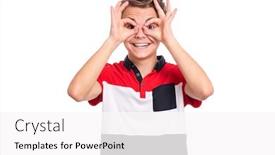  Presentation with child teen - PPT theme having portrait of handsome teen boy making ok gesture with hand on eyes looking through fingers beautiful caucasian teenager isolated on white background happy smiling child showing glasses okay background and a white colored foreground