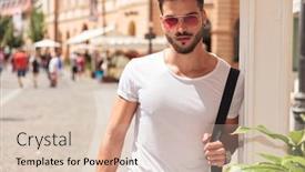  Presentation with shoulder - Beautiful theme featuring portrait of handsome young man holding shoulder bag and wearing sunglasses while sightseeing the city streets backdrop and a lemonade colored foreground