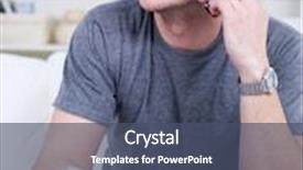  Presentation with man holding phone - PPT theme consisting of portrait of handsome young man speaking on the phone and holding newspaper background and a ocean colored foreground