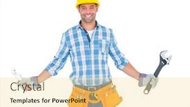  Presentation with hand tools - PPT layouts with portrait of handyman holding hand tools on white background background and a blonde colored foreground