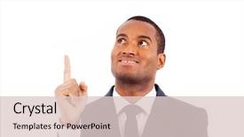  Presentation with upwards - Colorful PPT layouts enhanced with portrait of happy african american businessman pointing upwards against white background backdrop and a lemonade colored foreground
