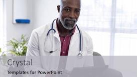  Presentation with healthcare communication - Presentation theme having portrait-of-happy-african-american background and a light gray colored foreground