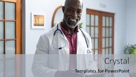  Presentation with healthcare communication - Presentation having portrait-of-happy-african-american background and a light gray colored foreground