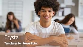  Presentation with stack books - Theme having portrait-of-happy-african-university background and a coral colored foreground