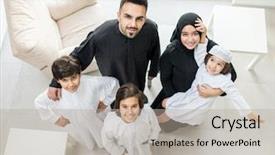  Presentation with muslim family - PPT theme featuring portrait of happy arabic muslim background and a mint green colored foreground
