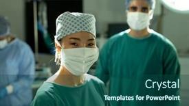  Presentation with theatre mask - Theme featuring portrait-of-happy-asian-female background and a ocean colored foreground