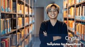  Presentation with asian - Slide set enhanced with portrait-of-happy-asian-man background and a navy blue colored foreground