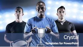  Presentation with trophy - Cool new PPT layouts with portrait of happy athlete holding trophy against spotlights backdrop and a ocean colored foreground