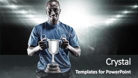  Presentation with spotlight - Cool new presentation theme with portrait of happy athlete holding trophy against spotlight 3d backdrop and a dark gray colored foreground