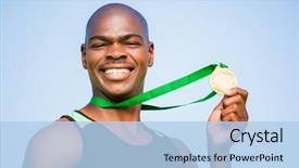  Presentation with gold medal - Slides enhanced with portrait of happy athlete showing his gold medal in stadium background and a light blue colored foreground