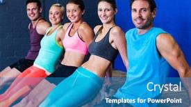  Presentation with athletes - Beautiful slides featuring portrait of happy athletes exercising on wooden box in gym backdrop and a teal colored foreground