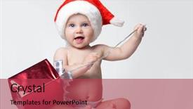  Presentation with baby christmas - Presentation design enhanced with portrait of happy baby wearing santa cap and unwrapping christmas present background and a red colored foreground