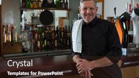  Presentation with scan bar codes - Cool new PPT layouts with portrait-of-happy-bar-tender backdrop and a wine colored foreground