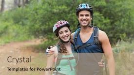  Presentation with bikers - Amazing presentation theme having portrait of happy bikers standing on field in forest backdrop and a coral colored foreground