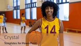  Presentation with basketball female - Theme with portrait-of-happy-biracial-female and a gold colored foreground