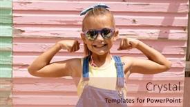  Presentation with childhood - PPT theme having portrait-of-happy-biracial-girl background and a coral colored foreground