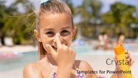  Presentation with sunscreen - PPT theme consisting of portrait-of-happy-biracial-girl background and a coral colored foreground