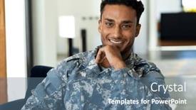  Presentation with military - Slides with portrait-of-happy-biracial-male background and a ocean colored foreground