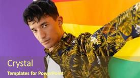  Presentation with lgbt pride flag rainbow flag - PPT layouts with portrait-of-happy-biracial-man background and a tawny brown colored foreground