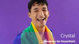  Presentation with lgbt pride flag rainbow flag - Theme with portrait-of-happy-biracial-man background and a violet colored foreground