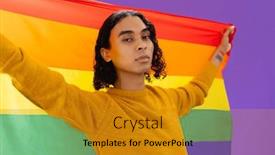  Presentation with lgbt pride flag rainbow flag - Presentation theme consisting of portrait-of-happy-biracial-man background and a gold colored foreground