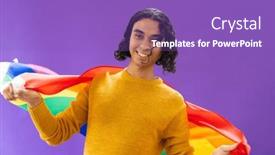  Presentation with lgbt pride flag rainbow flag - PPT theme with portrait-of-happy-biracial-man background and a violet colored foreground