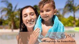  Presentation with portrait happy family smiling - Presentation design having portrait-of-happy-biracial-mother background and a coral colored foreground