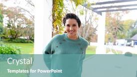  Presentation with happy life - PPT theme featuring portrait-of-happy-biracial-woman background and a teal colored foreground