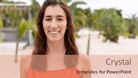  Presentation with space time - Presentation having portrait-of-happy-biracial-woman background and a coral colored foreground