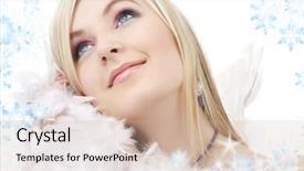  Presentation with snowflakes - Presentation theme having portrait of happy blond angel girl with feather boa and snowflakes background and a soft green colored foreground