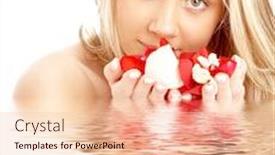  Presentation with white rose - Presentation theme with portrait of happy blond in spa with red and white rose petals background and a lemonade colored foreground