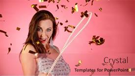  Presentation with pink gold - Slide deck having portrait-of-happy-brunette-woman background and a coral colored foreground