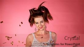  Presentation with pink gold - Amazing PPT theme having portrait-of-happy-brunette-woman backdrop and a coral colored foreground