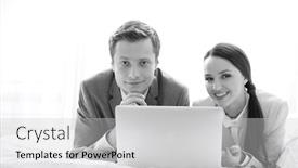 Presentation with hotel business - Cool new presentation with portrait of happy business couple with laptop in hotel backdrop and a light gray colored foreground