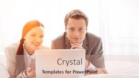  Presentation with hotel business - PPT layouts consisting of portrait of happy business couple with laptop in hotel background and a lemonade colored foreground