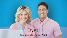  Presentation with blue and orange business people - PPT theme featuring portrait of happy business people background and a lemonade colored foreground