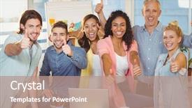  Presentation with people - Theme enhanced with portrait of happy business people background and a coral colored foreground