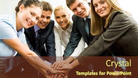  Presentation with team hands - Audience pleasing PPT layouts consisting of portrait of happy business team keeping their hands on top of each other backdrop and a tawny brown colored foreground