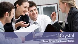  Presentation with team - PPT theme consisting of portrait of happy business team background and a ocean colored foreground