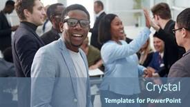  Presentation with conference - PPT layouts having portrait-of-happy-businessman-during background and a ocean colored foreground