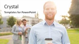  Presentation with belated happy birthday - Presentation design consisting of portrait of happy businessman holding disposable cup with colleagues standing in background background and a sky blue colored foreground