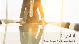  Presentation with conference table - PPT theme having portrait-of-happy-businessman-leaning background and a lemonade colored foreground