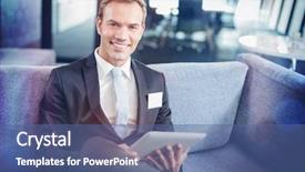  Presentation with using digital tablet - Amazing theme having portrait of happy businessman sitting backdrop and a ocean colored foreground