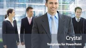  Presentation with lounge - PPT theme having portrait of happy businessman standing in office lounge smiling background and a dark gray colored foreground